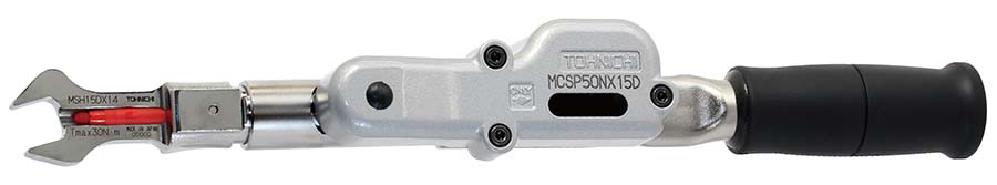 Dargestellt: Austauschbarer, voreingestellter Drehmoment-Maulschlüssel für Markierungen MCSP50NX15D mit Aufsatz MSH15DX14 und rotem Markierer.
